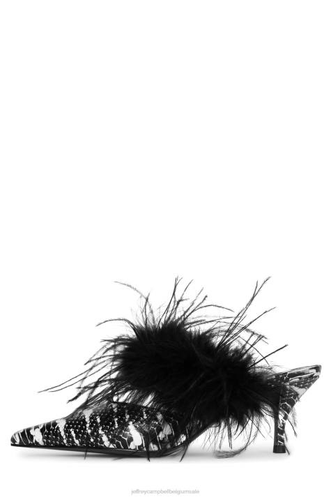 vrouwen Jeffrey Campbell bevedering zwarte witte slang V2LZ1695 muilezel met hakken