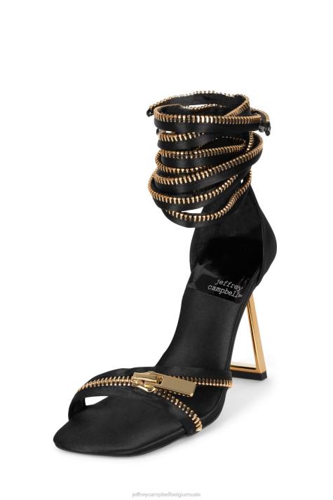 vrouwen Jeffrey Campbell dichtgeritst zwart satijn goud V2LZ1411 sandaal met hak