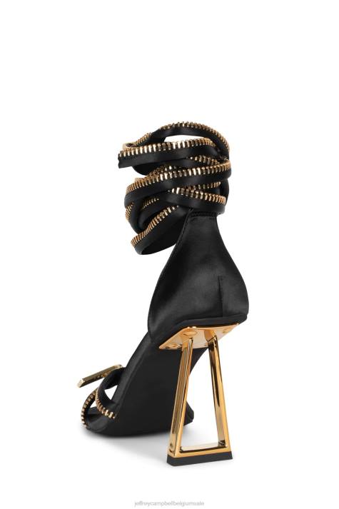 vrouwen Jeffrey Campbell dichtgeritst zwart satijn goud V2LZ1411 sandaal met hak