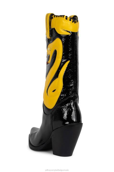 vrouwen Jeffrey Campbell klrcobra-2 zwarte gekreukte pat gele pat V2LZ865 laarzen van knie tot dij