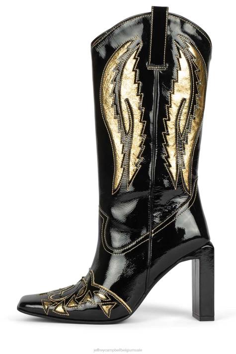 vrouwen Jeffrey Campbell stijgbeugels zwart patent goud V2LZ790 laarzen van knie tot dij