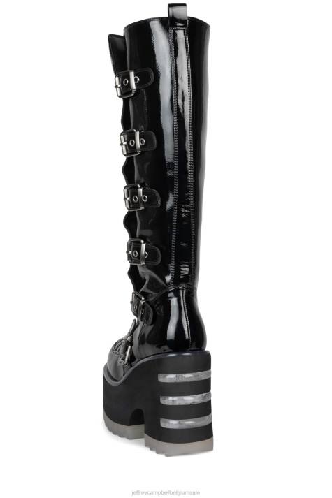 vrouwen Jeffrey Campbell zenon-kh zwart gekreukt lakzilver V2LZ676 laarzen van knie tot dij